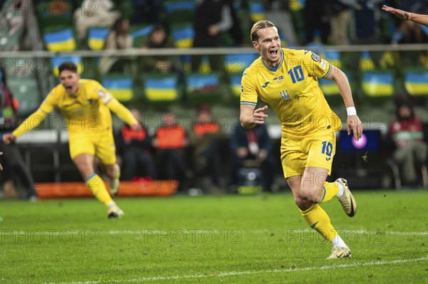 WROCLAW, POLAND - MARCH 26, 2024: Qualifications for UEFA Euro 2024. Final play-off match Ukraine - Iceland 2:1. Joy of Mykhailo Mudryk after scoring goal.