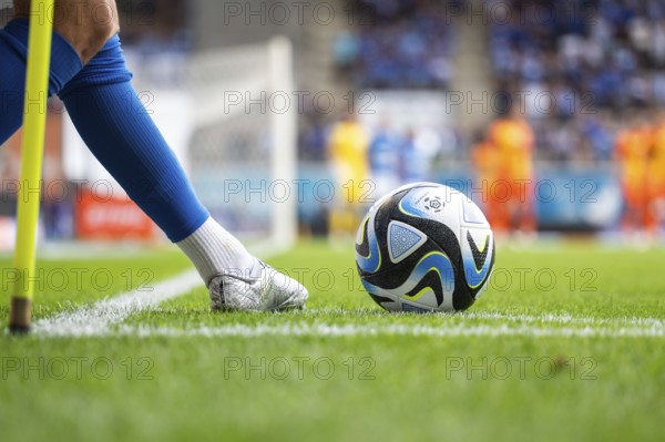 LUBIN, POLAND - JULY 23, 2023: Football match Polish PKO Ekstraklasa between KGHM Zaglebie Lubin vs Ruch Chorzow 2:1. Player's leg and the ball in the corner.