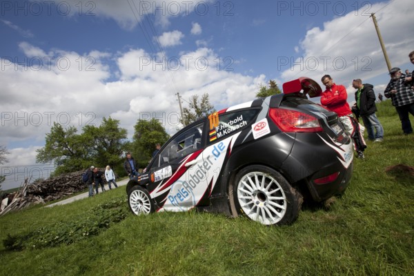 Zwickau, Germany, 12/05/2012, Felix Herbold took first place in the 2012 AvD Sachsen Rally on Saturday, but then destroyed his Ford Fiesta S2000 on special stage 11 (Fraureuth 1) after a jump and subsequent impact with the crash barrier at 130 km/h. This meant the end of last year's event. This meant the end for last year's winner, Europe
