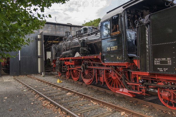 Steam locomotive on rails in front of a maintenance hall with autumn leaves on the ground, Bochum, Ruhr area, Germany, Europe
