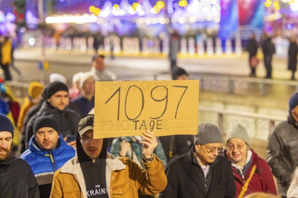 24 February marked the third anniversary of Russia's invasion of Ukraine. To mark the occasion, Ukrainian war refugees living in Dresden and their supporters demonstrated on the Neumarkt in front of the Church of Our Lady and then marched through the city centre, Dresden, Saxony, Germany, Europe