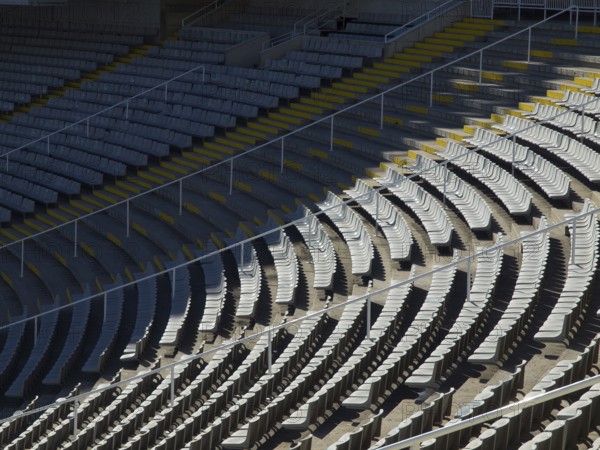 Empty stadium stands with regular patterns and shadows, Barcelona, Spain, Europe