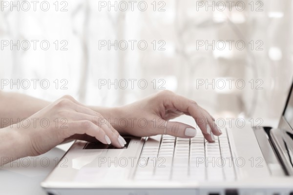 Close up of female hands using modern computer, high key. Blogger concept