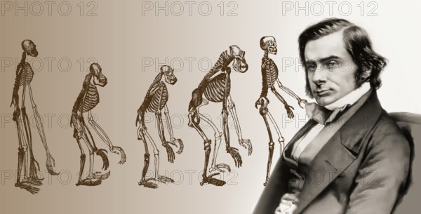 Portrait of Thomas Henry Huxley, 1825 – 1895, English biologist and anthropologist, specialized in comparative anatomy, frontispiece to his book „Evidence as to Man's Place in Nature“, 1863, digitally edited