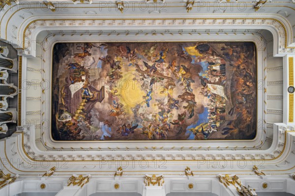 Ceiling fresco of the Roman Catholic Church of St Verena, Bad Wurzach, Allgäu, Baden-Württemberg, Germany, Europe