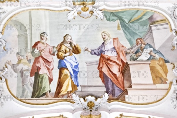 An image of a beautiful religious fresco inside the Wieskirche in Germany Bavaria