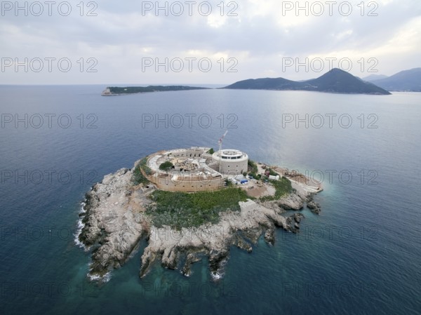 Fortress Mamula on the island of Lastavica in the sea. Montenegro. Drone.