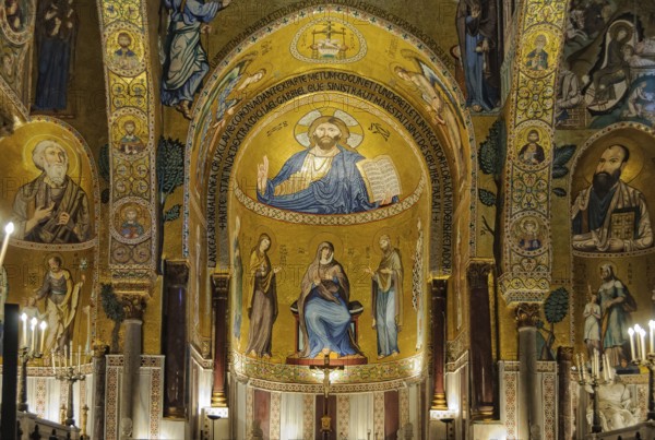 Medieval Byzantine style mosaic of Christ Pantocrator above the altar of the Palatine Chapel (Cappella Palatina), Palermo, Sicily, Italy, 20 October 2011, Europe