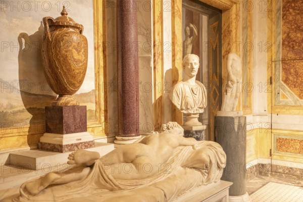 Rome, Italy, 28 December 2023: Galleria Borghese, Borghese Gallery, ancient art museum interior, sculptures in white marble, Europe
