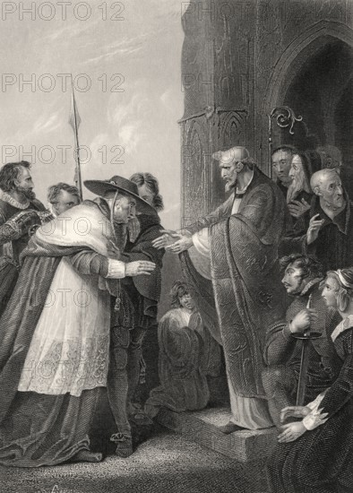Kardinal Wolsey beim Betreten der Abtei von Leicester, Szene aus Heinrich VIII, Akt IV, Szene 2, einem Historienspiel von William Shakespeare