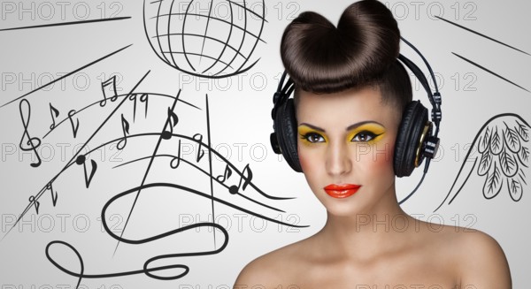 Clubbing fashionable girl in nightclub with big vintage headphones on grey sketchy background of a disco ball and flowing music notes