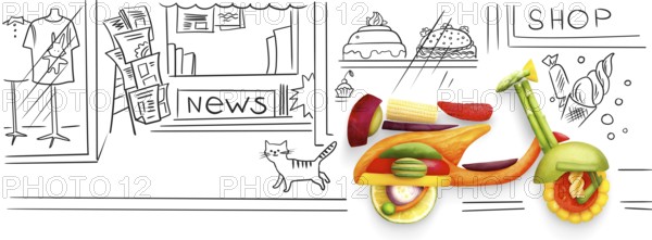 Creative food concept of a classic retro scooter Vespa for summer travelling, made of fruits and vegetables, parked on sketchy urban background