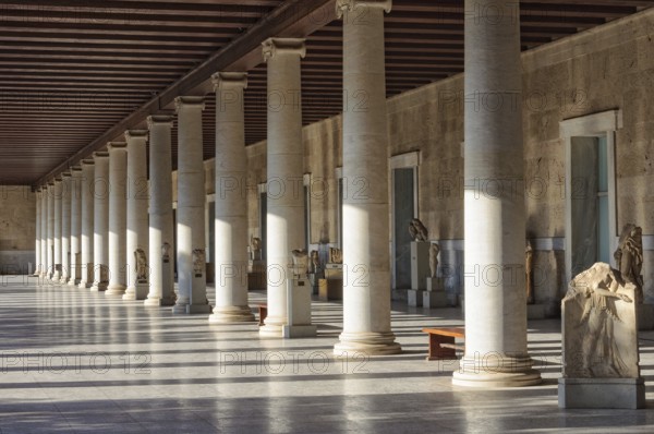 Columns inside the Stoa of Attalos, a covered walkway or portico, in the Agora, Athens, Greece, Europe