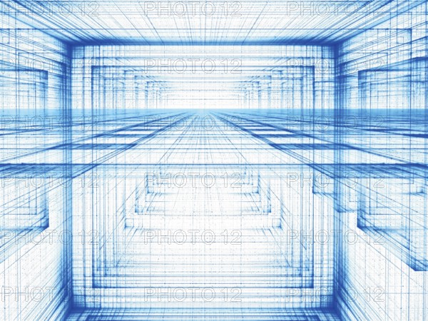 White and blue perspective background - abstract computer-generated 3d illustration. Contemporary digital art: tunnel or hall with straight lines. For sci-fi or technology design projects