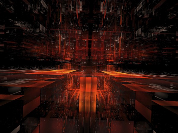 Abstract 3d illustration - computer-generated fractal. Digital art: translucent block hall or tunnel. Science fiction or information technology concept