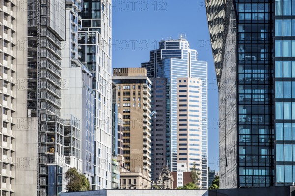 MELBOURNE, AUSTRALIA, OCTOBER 31 2021: Views around Birrarung Marr from William Barak Bridge of Melbourne's architecture on a warm sunny spring morning in Victoria, Australia, Oceania
