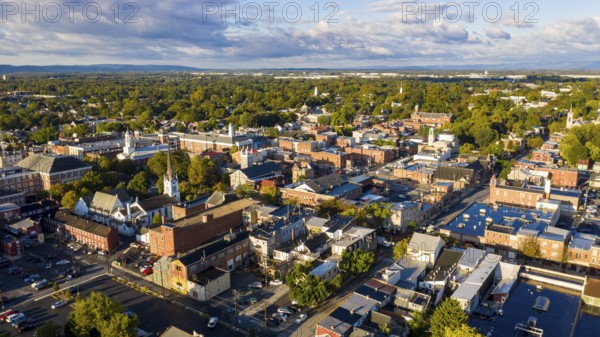 It's partly cloudy over the roads and architecture in Pennsylvania at Carlisle