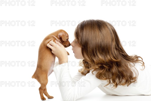 Brunette profile girl with dog puppy mascot mini pinscher on white background