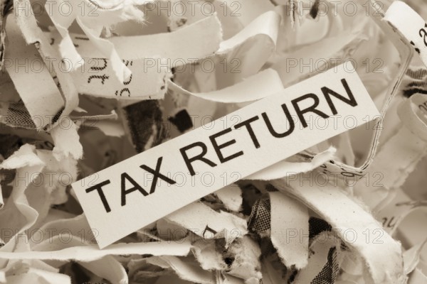 Paper shreds with the keyword Tax Return, symbolic photo for data destruction, data protection and tax law