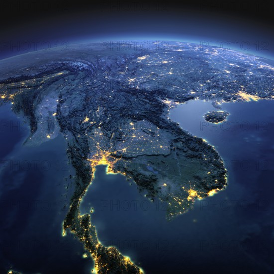 Night planet Earth with precise detailed relief and city lights illuminated by moonlight. Indochina peninsula. Elements of this image furnished by NASA