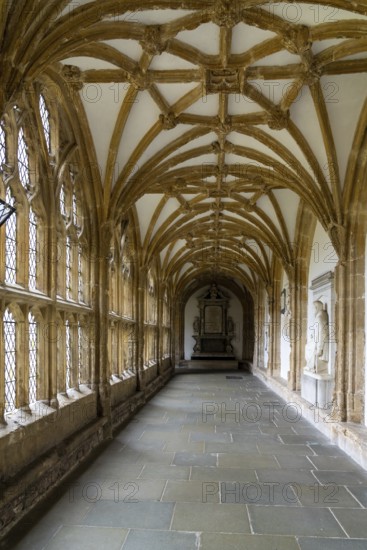 Wells, United Kingdom, 1 September, 2022: interior view of one of the corridors of the cloister of the historic Wells Cathedral, Europe