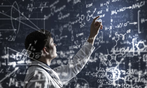 Young scientist works with scientific formulas. mixed media