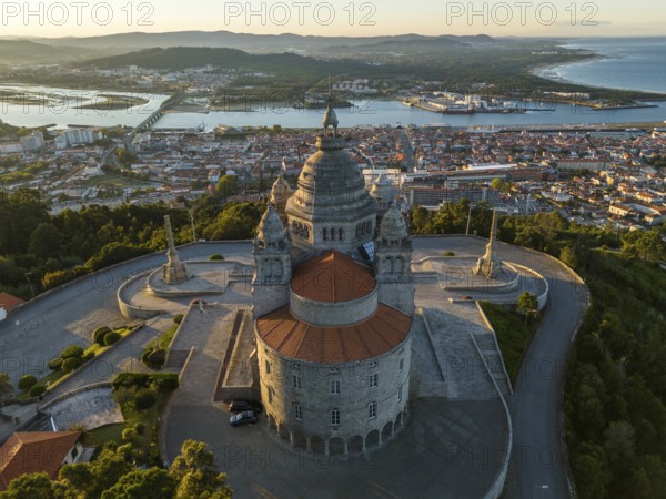 Basilica Santa Luzia at Sunrise. Viana do Castelo City, Portugal. Aerial Shot