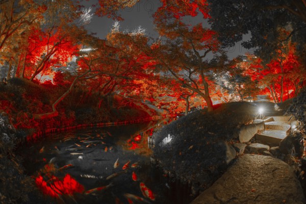 Autumn leaves and red illuminated is a Japanese garden. Shooting Location: Tokyo metropolitan area