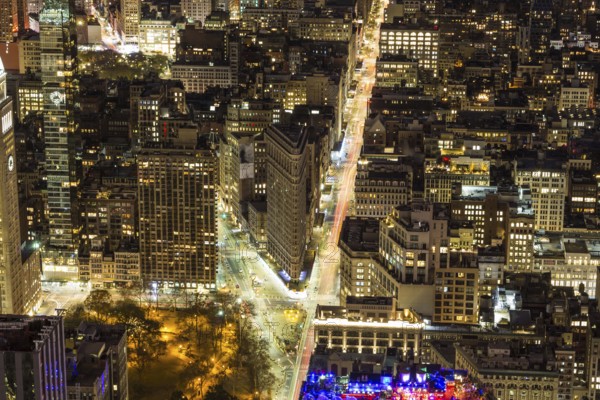 Cityscape of Manhattan with Flatiron Building at Night. New York City, United States of America. Aerial View