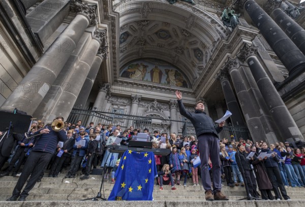 Germany, Berlin, 03.10.2024, Sing for Europe!, Choir: Girls' Choir of the Sing-Akademie zu Berlin, Sing-Akademie zu Berlin, Berlin State and Cathedral Choir, Steps of Berlin Cathedral, Europe