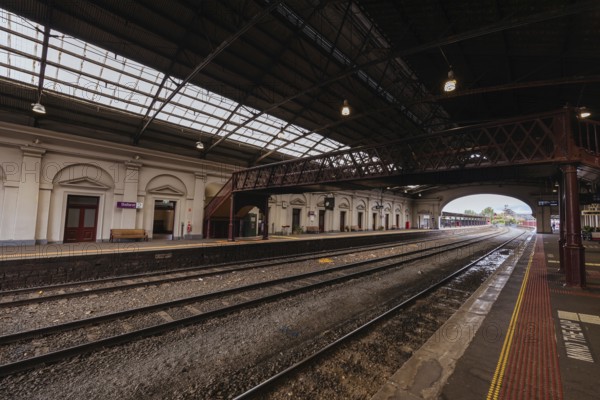 BALLARAT, AUSTRALIA, April 7 2023: The iconic architecture of the Ballarat Train Station in the country Victorian town of Ballarat on a stormy autumn afternoon
