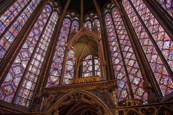 PARIS, FRANCE, MAY 13, 2022, The inside of the famous Sainte Chapelle in Paris with impressing colorful windows, France, Europe