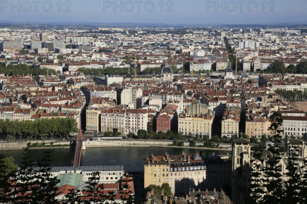 View from the Basilica of Notre-Dame de Fourviere to the city of Lyon, Auvergne-Rhone-Alpes, France, Europe