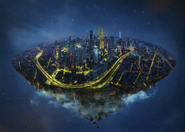 Fantasy island floating in the air with modern city skyline, Night scene