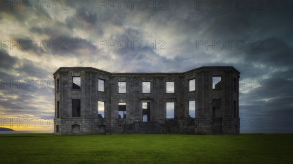 Ruins of Downhill Demesne with dramatic, moody sunset, front view, National Trust, Castlerock, County Antrim, Northern Ireland