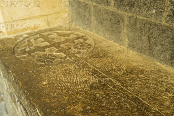 Roncesvalles, priors tomb, Royal Collegiate Church of Santa María de Roncesvalles, Santiago's road, Navarra, Spain, Europe
