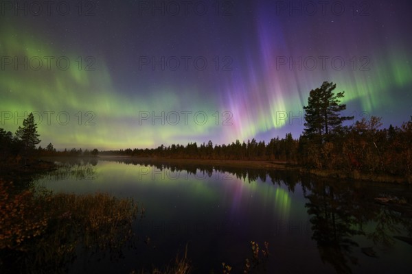 Northern Lights (Aurora borealis) over a lake, Norrbotten, Lapland, Sweden, September 2014, Europe