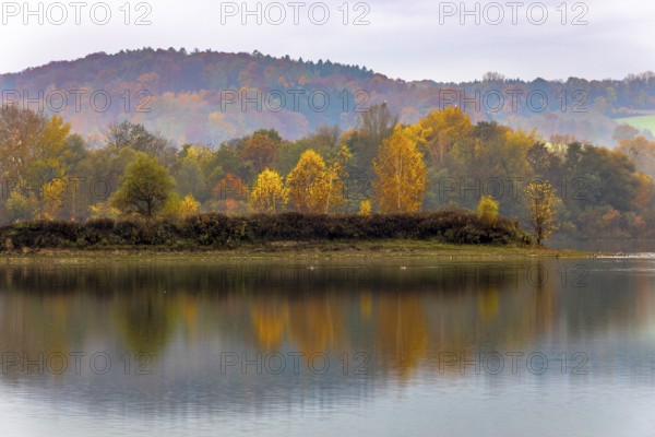 Colourful trees in the morning mist at a small lake in Bavaria in autumn