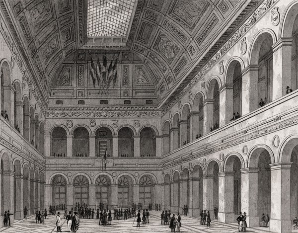 Paris Bourse, Paris, antique steel engraved print, 1831