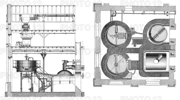 Historic illustration, 19th century, Brewhouse, brewing kettle, Mash-tub, historische Zeichnung, 19. Jahrhundert, Sudhaus und Maischbottich einer Brauerei