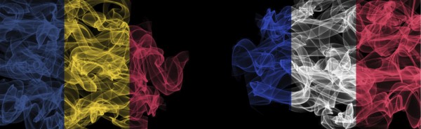Flags of Romania and France on Black background, Romania vs France Smoke Flags