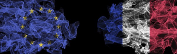Flags of EU and France on Black background, EU vs France Smoke Flags