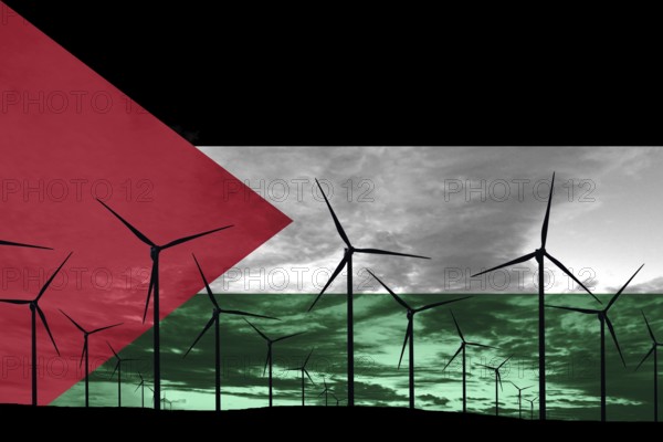 Palestine flag wind farm at sunset, sustainable development, renewable energy Wind Turbines