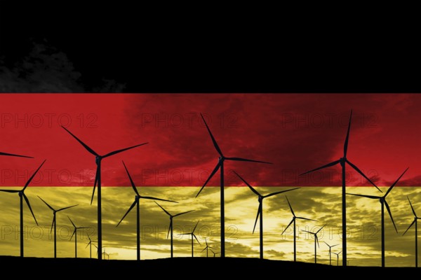 Germany flag wind farm at sunset, sustainable development, renewable energy Wind Turbines