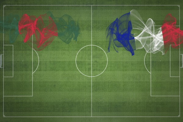 Bangladesh vs France Soccer Match, national colors, national flags, soccer field, football game, Competition concept, Copy space