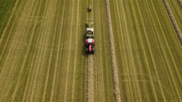 Tractor with a straw baler in a field