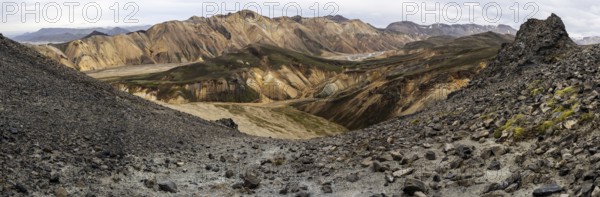 Rhyolite mountains, lava scree, panoramic view, Landmannalaugar, Fjallabak nature reserve, highlands, Iceland, Europe