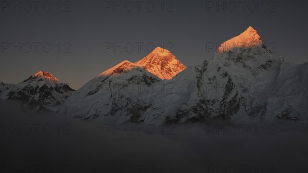 Mount Everest and Nuptse at sunset, view from Kala Patthar, Nepal, Asia
