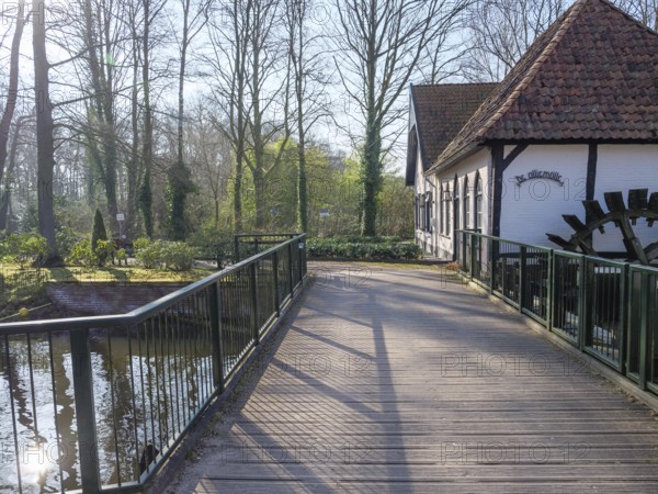 A wooden bridge leads to an old house by the water, surrounded by trees that cast shade on the path, winterwswijk, gelderland, Netherlands
