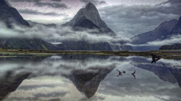 Milford Sound, fog, reflection, lake, South Island, mountains, New Zealand, Milford Sound, South Island, New Zealand, Oceania